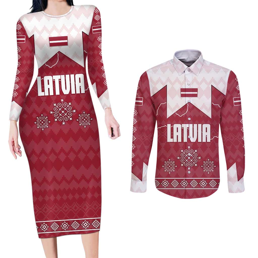 Latvia Couples Matching Long Sleeve Bodycon Dress and Long Sleeve Button Shirt with National Coat of Arms and Knit Pattern – Three Stars One Heart Design