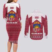 Latvia Couples Matching Long Sleeve Bodycon Dress and Long Sleeve Button Shirt with National Coat of Arms and Knit Pattern – Three Stars One Heart Design