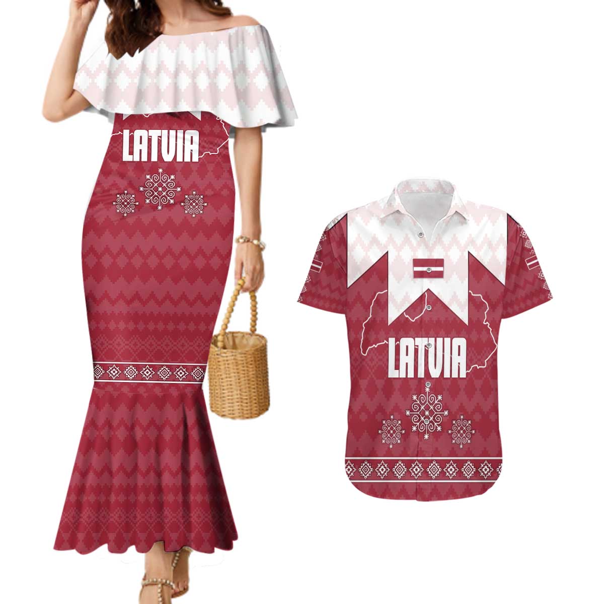 Latvia Couples Matching Mermaid Dress and Hawaiian Shirt with National Coat of Arms and Knit Pattern – Three Stars One Heart Design