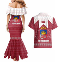 Latvia Couples Matching Mermaid Dress and Hawaiian Shirt with National Coat of Arms and Knit Pattern – Three Stars One Heart Design
