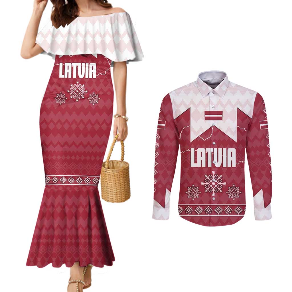Latvia Couples Matching Mermaid Dress and Long Sleeve Button Shirt with National Coat of Arms and Knit Pattern – Three Stars One Heart Design