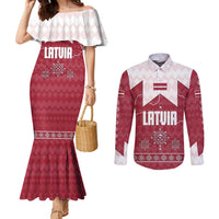 Latvia Couples Matching Mermaid Dress and Long Sleeve Button Shirt with National Coat of Arms and Knit Pattern – Three Stars One Heart Design