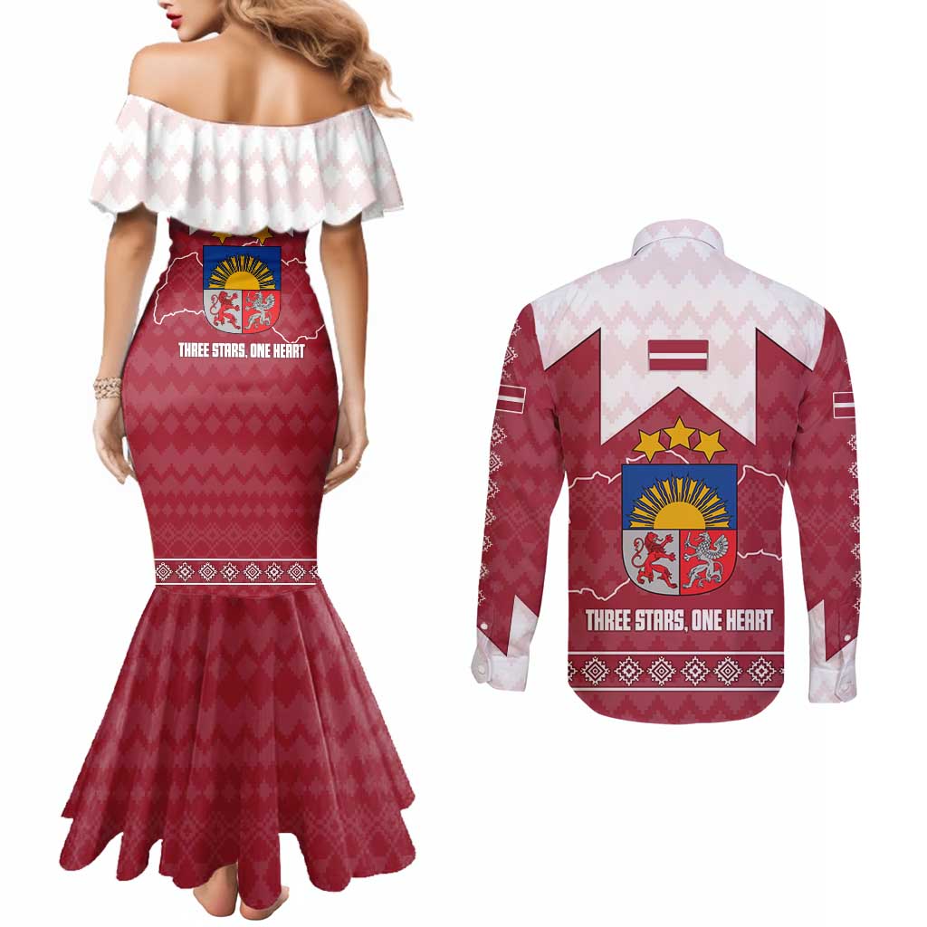 Latvia Couples Matching Mermaid Dress and Long Sleeve Button Shirt with National Coat of Arms and Knit Pattern – Three Stars One Heart Design