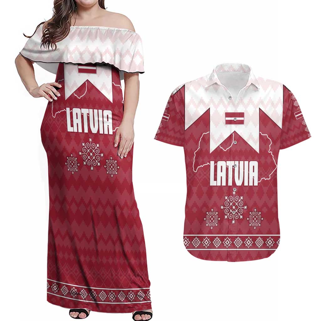 Latvia Couples Matching Off Shoulder Maxi Dress and Hawaiian Shirt with National Coat of Arms and Knit Pattern – Three Stars One Heart Design