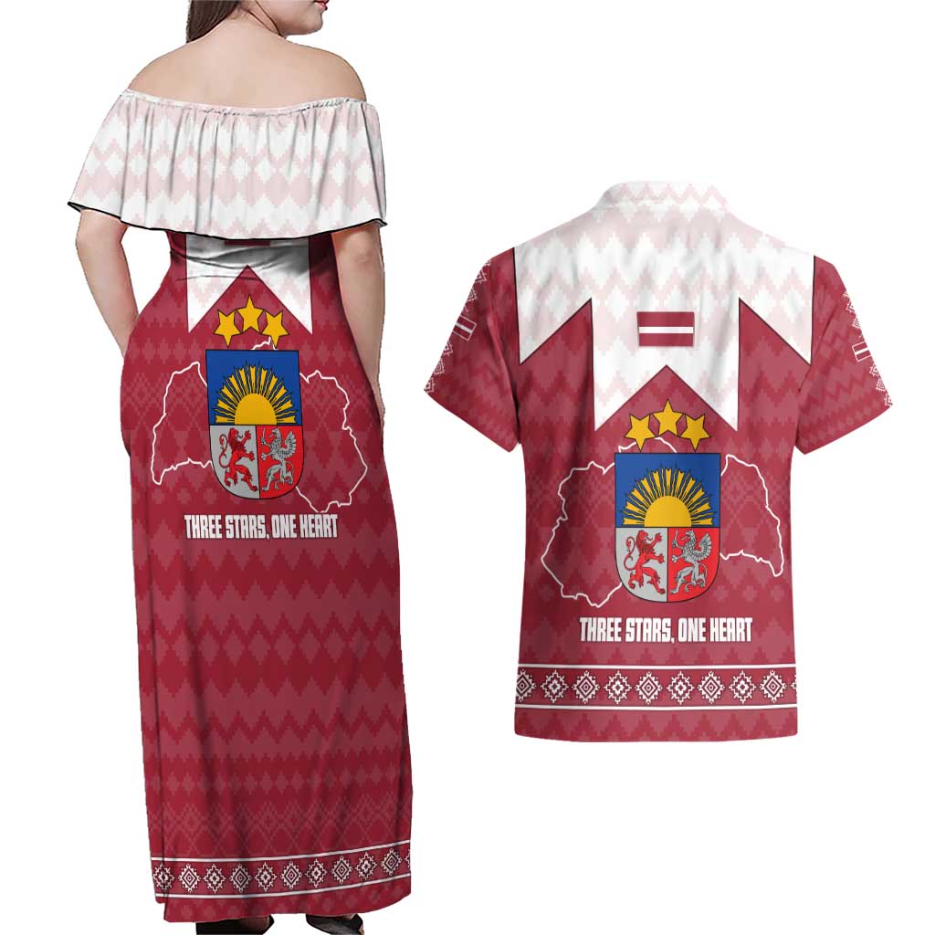Latvia Couples Matching Off Shoulder Maxi Dress and Hawaiian Shirt with National Coat of Arms and Knit Pattern – Three Stars One Heart Design