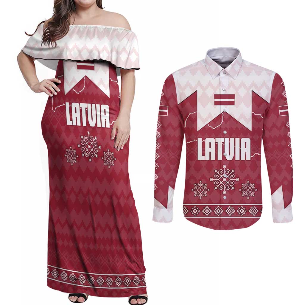 Latvia Couples Matching Off Shoulder Maxi Dress and Long Sleeve Button Shirt with National Coat of Arms and Knit Pattern – Three Stars One Heart Design
