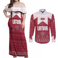 Latvia Couples Matching Off Shoulder Maxi Dress and Long Sleeve Button Shirt with National Coat of Arms and Knit Pattern – Three Stars One Heart Design