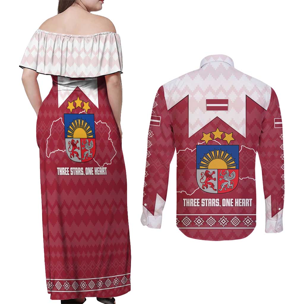 Latvia Couples Matching Off Shoulder Maxi Dress and Long Sleeve Button Shirt with National Coat of Arms and Knit Pattern – Three Stars One Heart Design