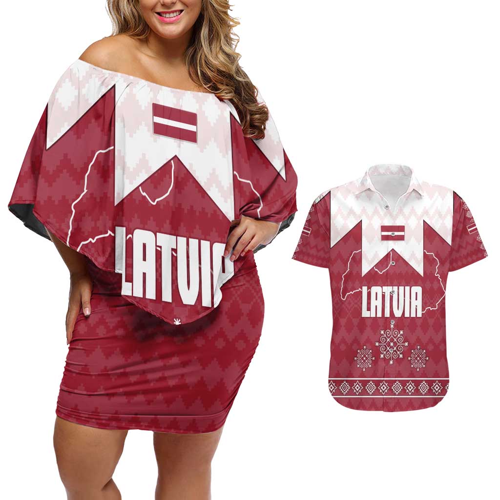 Latvia Couples Matching Off Shoulder Short Dress and Hawaiian Shirt with National Coat of Arms and Knit Pattern – Three Stars One Heart Design