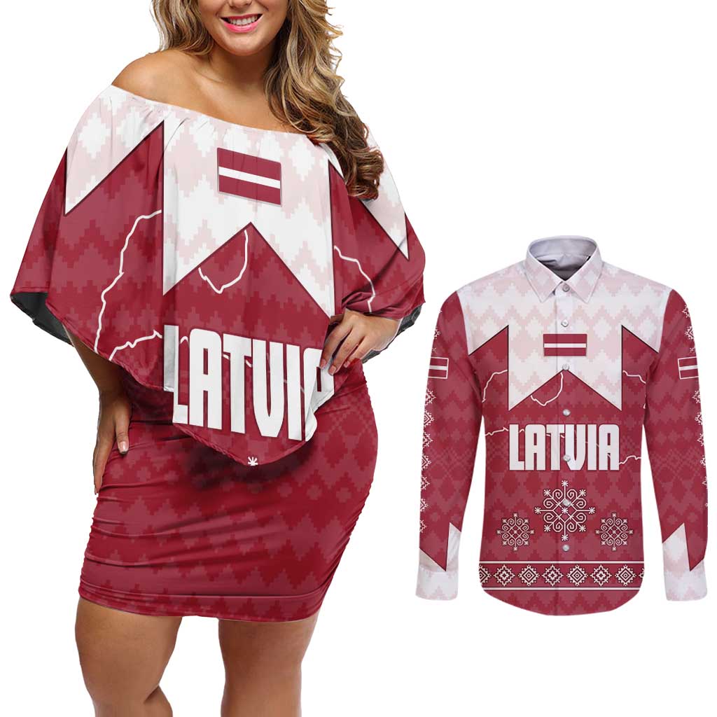 Latvia Couples Matching Off Shoulder Short Dress and Long Sleeve Button Shirt with National Coat of Arms and Knit Pattern – Three Stars One Heart Design