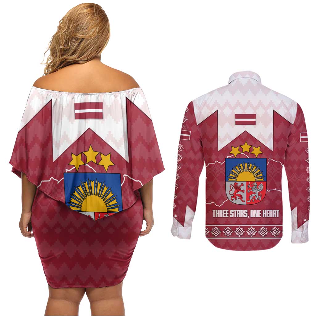 Latvia Couples Matching Off Shoulder Short Dress and Long Sleeve Button Shirt with National Coat of Arms and Knit Pattern – Three Stars One Heart Design