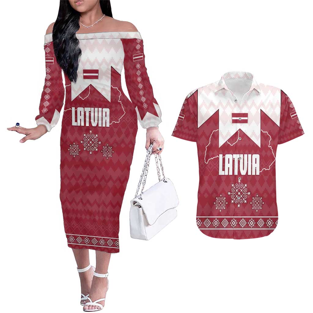 Latvia Couples Matching Off The Shoulder Long Sleeve Dress and Hawaiian Shirt with National Coat of Arms and Knit Pattern – Three Stars One Heart Design
