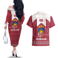 Latvia Couples Matching Off The Shoulder Long Sleeve Dress and Hawaiian Shirt with National Coat of Arms and Knit Pattern – Three Stars One Heart Design