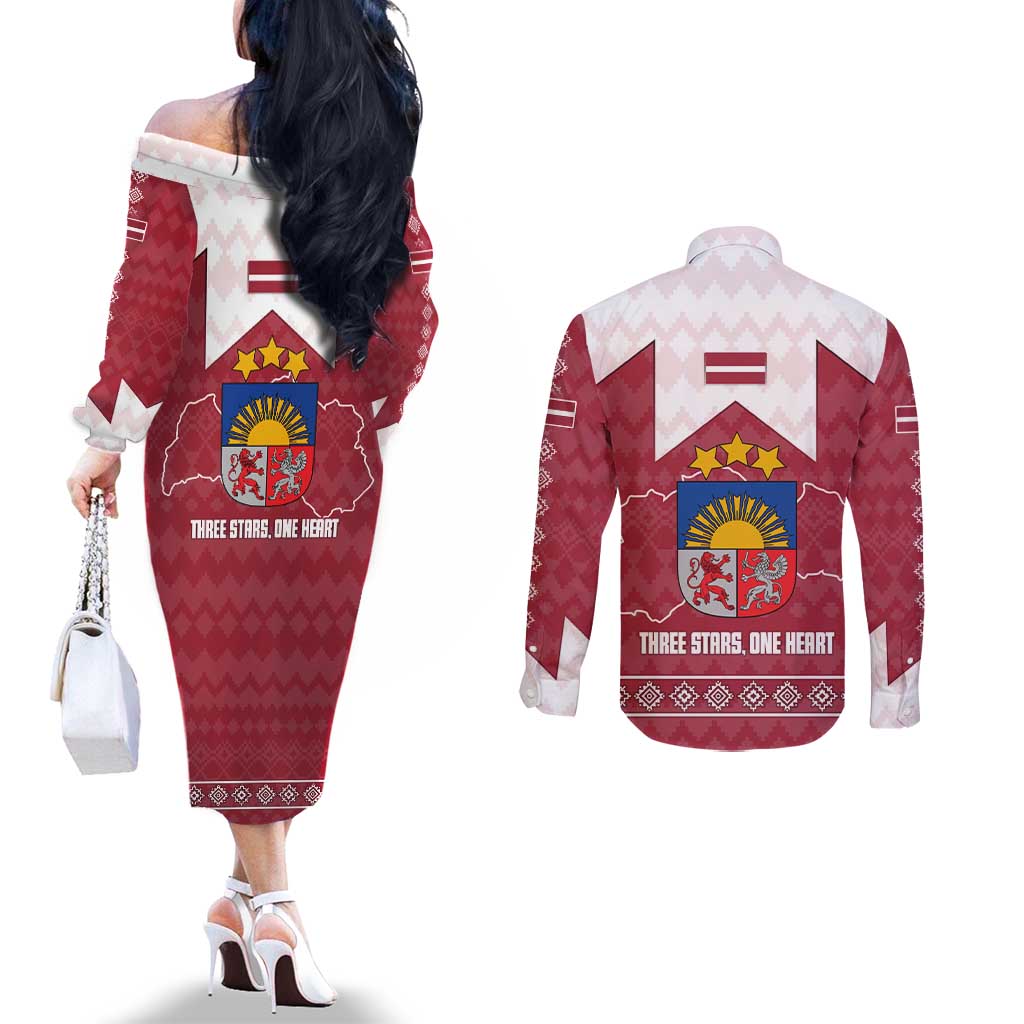 Latvia Couples Matching Off The Shoulder Long Sleeve Dress and Long Sleeve Button Shirt with National Coat of Arms and Knit Pattern – Three Stars One Heart Design