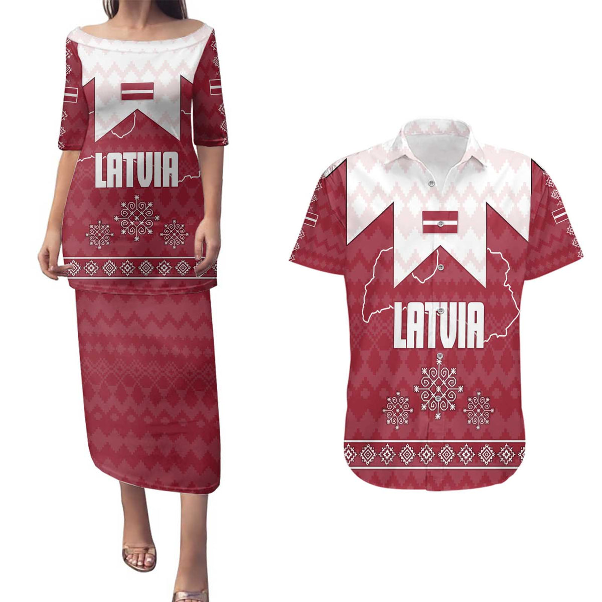 Latvia Couples Matching Puletasi and Hawaiian Shirt with National Coat of Arms and Knit Pattern – Three Stars One Heart Design