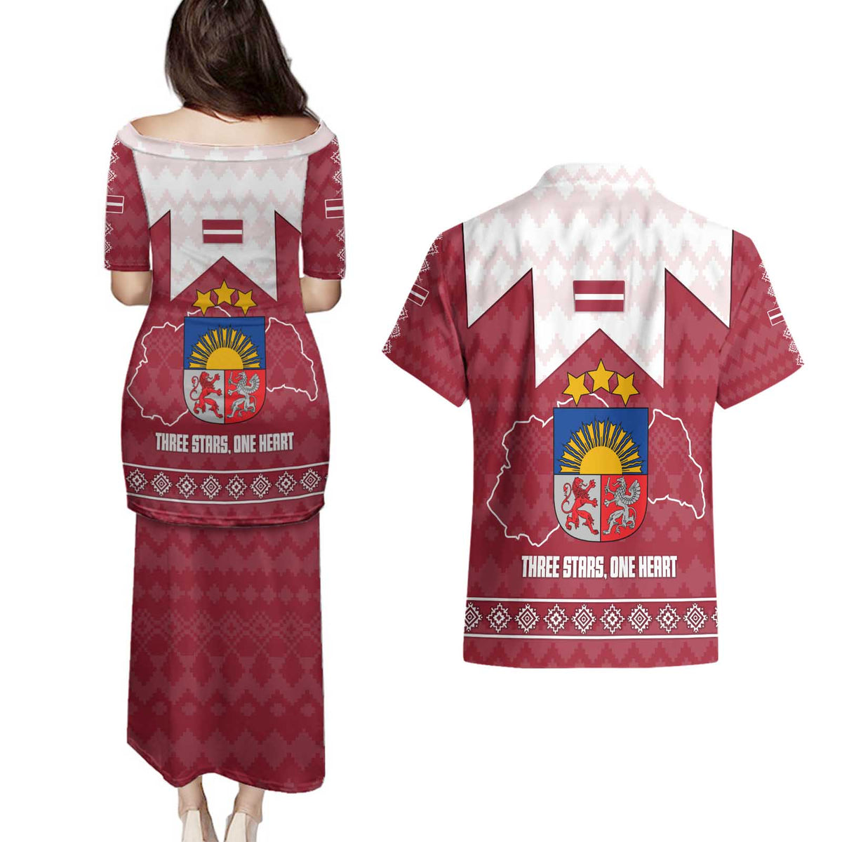 Latvia Couples Matching Puletasi and Hawaiian Shirt with National Coat of Arms and Knit Pattern – Three Stars One Heart Design