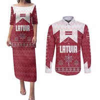 Latvia Couples Matching Puletasi and Long Sleeve Button Shirt with National Coat of Arms and Knit Pattern – Three Stars One Heart Design