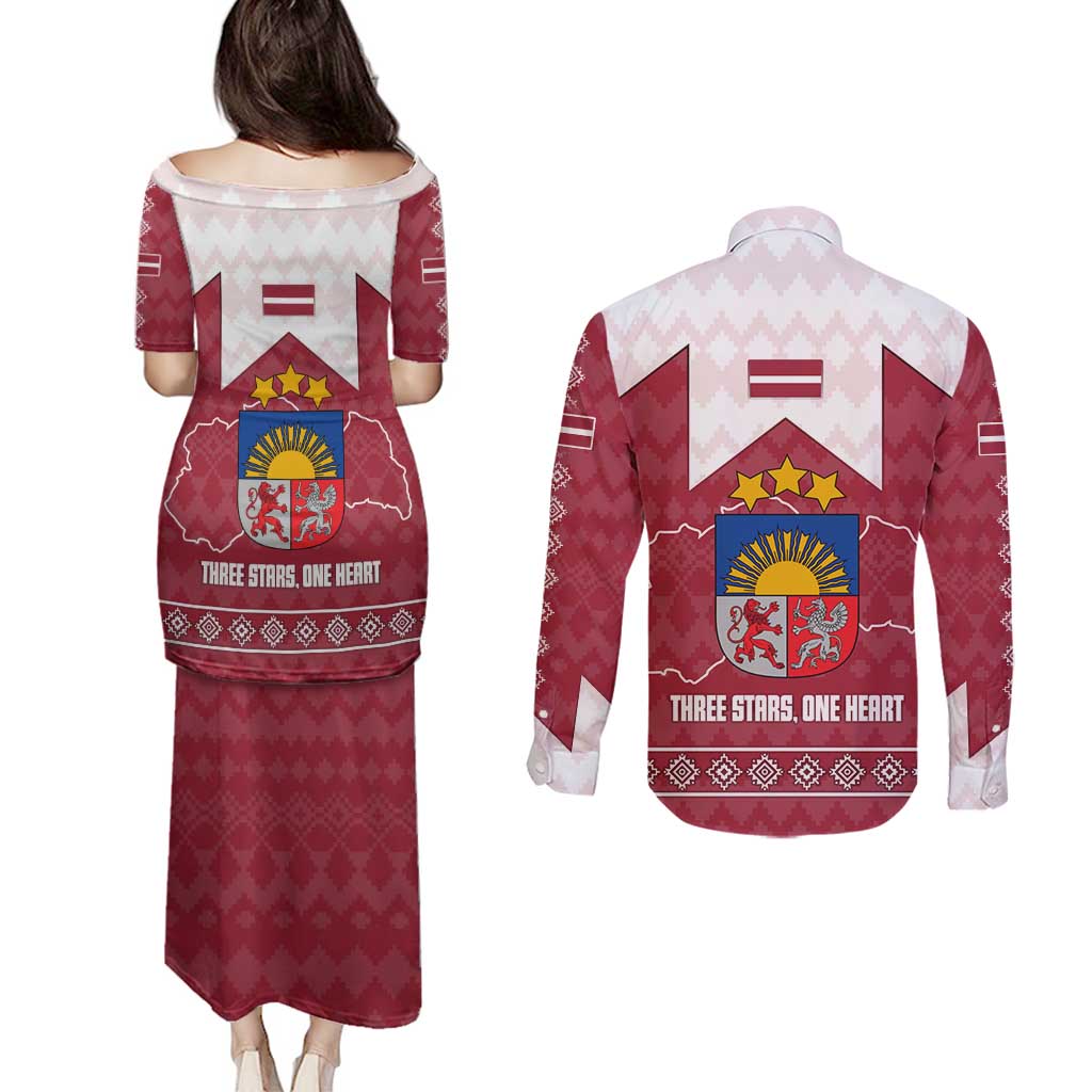 Latvia Couples Matching Puletasi and Long Sleeve Button Shirt with National Coat of Arms and Knit Pattern – Three Stars One Heart Design