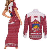 Latvia Couples Matching Short Sleeve Bodycon Dress and Long Sleeve Button Shirt with National Coat of Arms and Knit Pattern – Three Stars One Heart Design