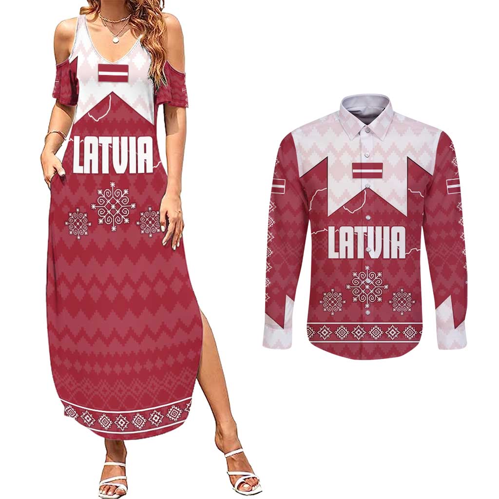 Latvia Couples Matching Summer Maxi Dress and Long Sleeve Button Shirt with National Coat of Arms and Knit Pattern – Three Stars One Heart Design