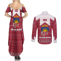 Latvia Couples Matching Summer Maxi Dress and Long Sleeve Button Shirt with National Coat of Arms and Knit Pattern – Three Stars One Heart Design