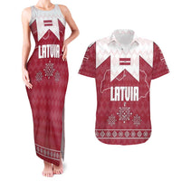 Latvia Couples Matching Tank Maxi Dress and Hawaiian Shirt with National Coat of Arms and Knit Pattern – Three Stars One Heart Design