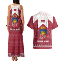 Latvia Couples Matching Tank Maxi Dress and Hawaiian Shirt with National Coat of Arms and Knit Pattern – Three Stars One Heart Design