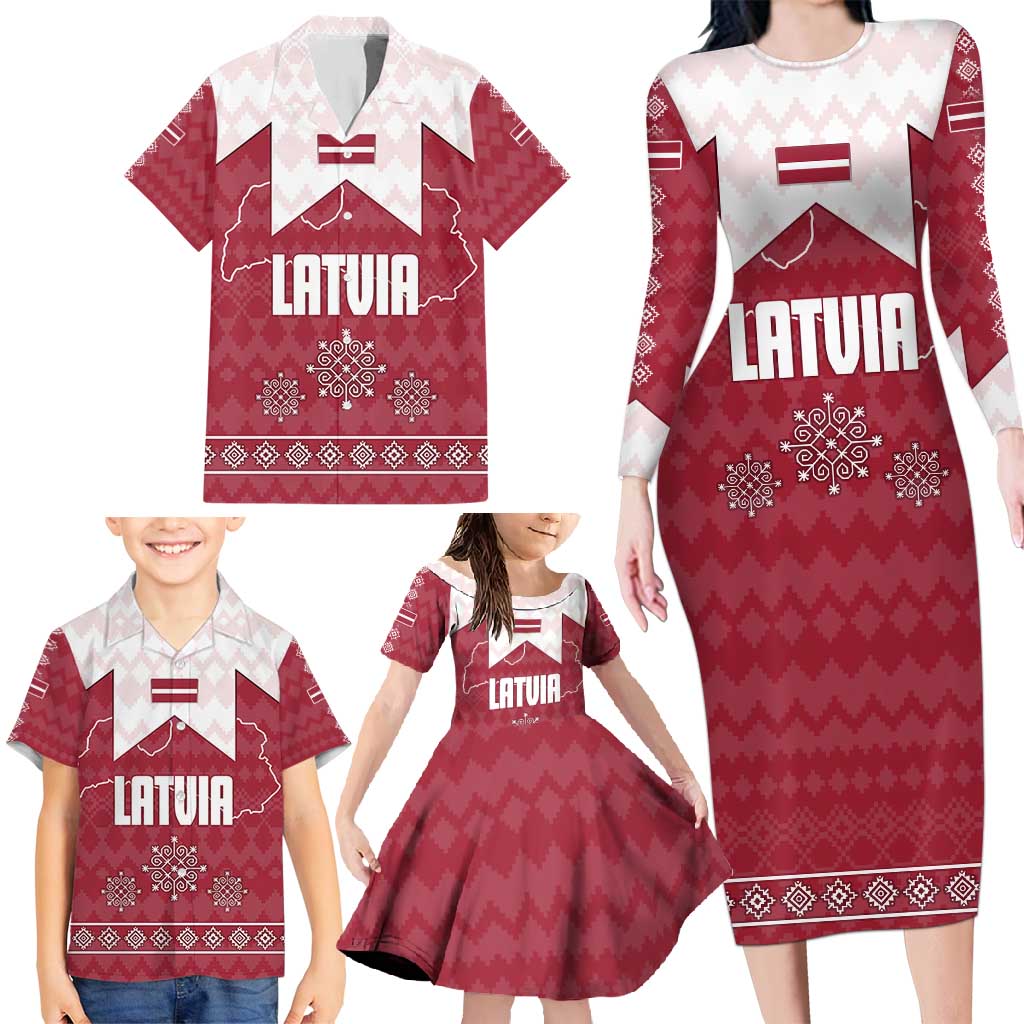 Latvia Family Matching Long Sleeve Bodycon Dress and Hawaiian Shirt with National Coat of Arms and Knit Pattern – Three Stars One Heart Design