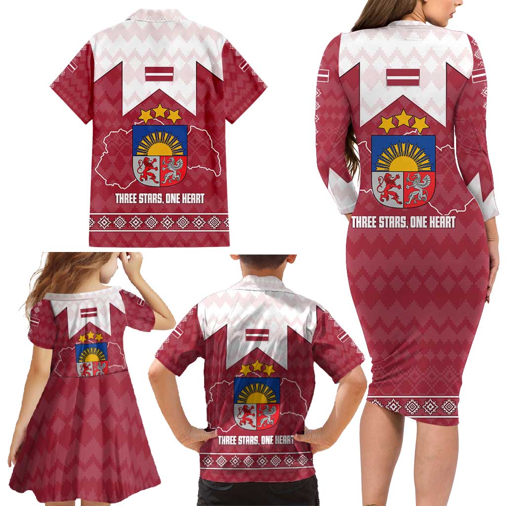 Latvia Family Matching Long Sleeve Bodycon Dress and Hawaiian Shirt with National Coat of Arms and Knit Pattern – Three Stars One Heart Design
