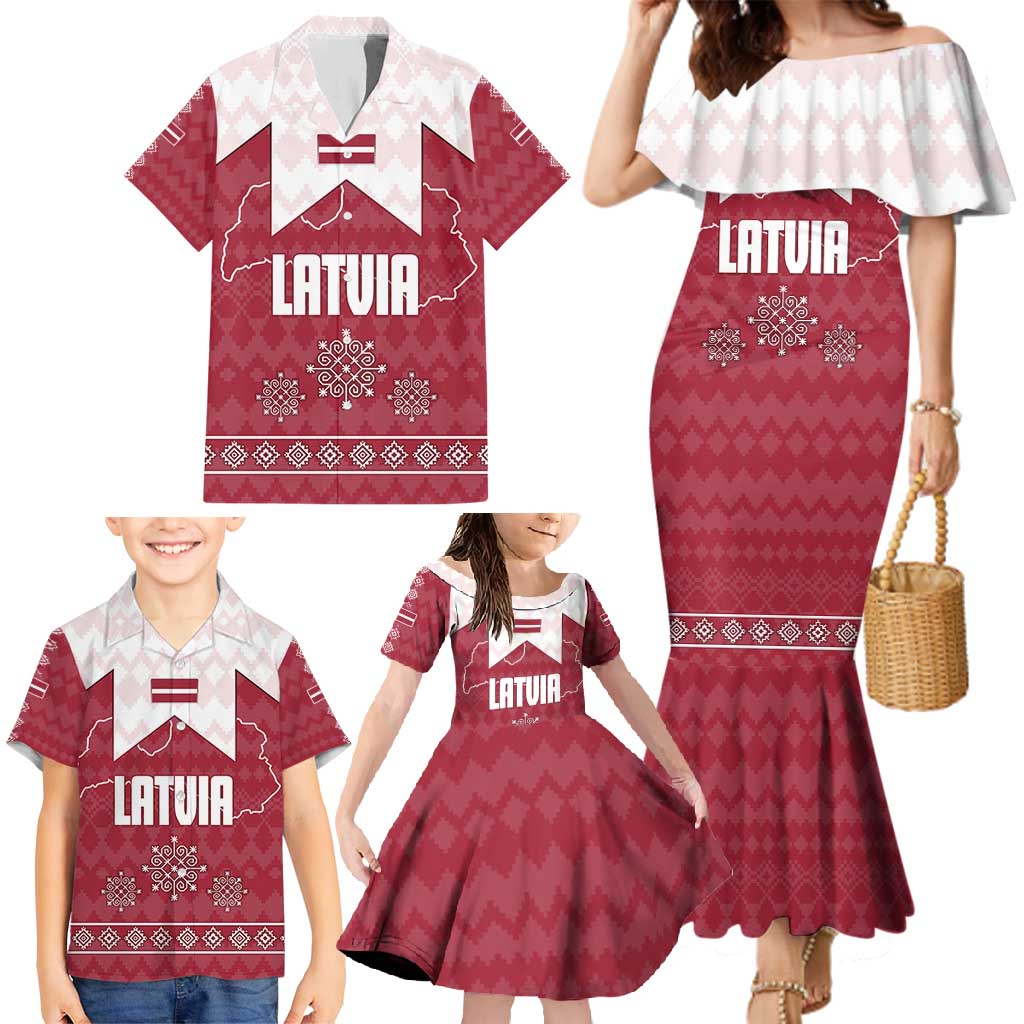 Latvia Family Matching Mermaid Dress and Hawaiian Shirt with National Coat of Arms and Knit Pattern – Three Stars One Heart Design