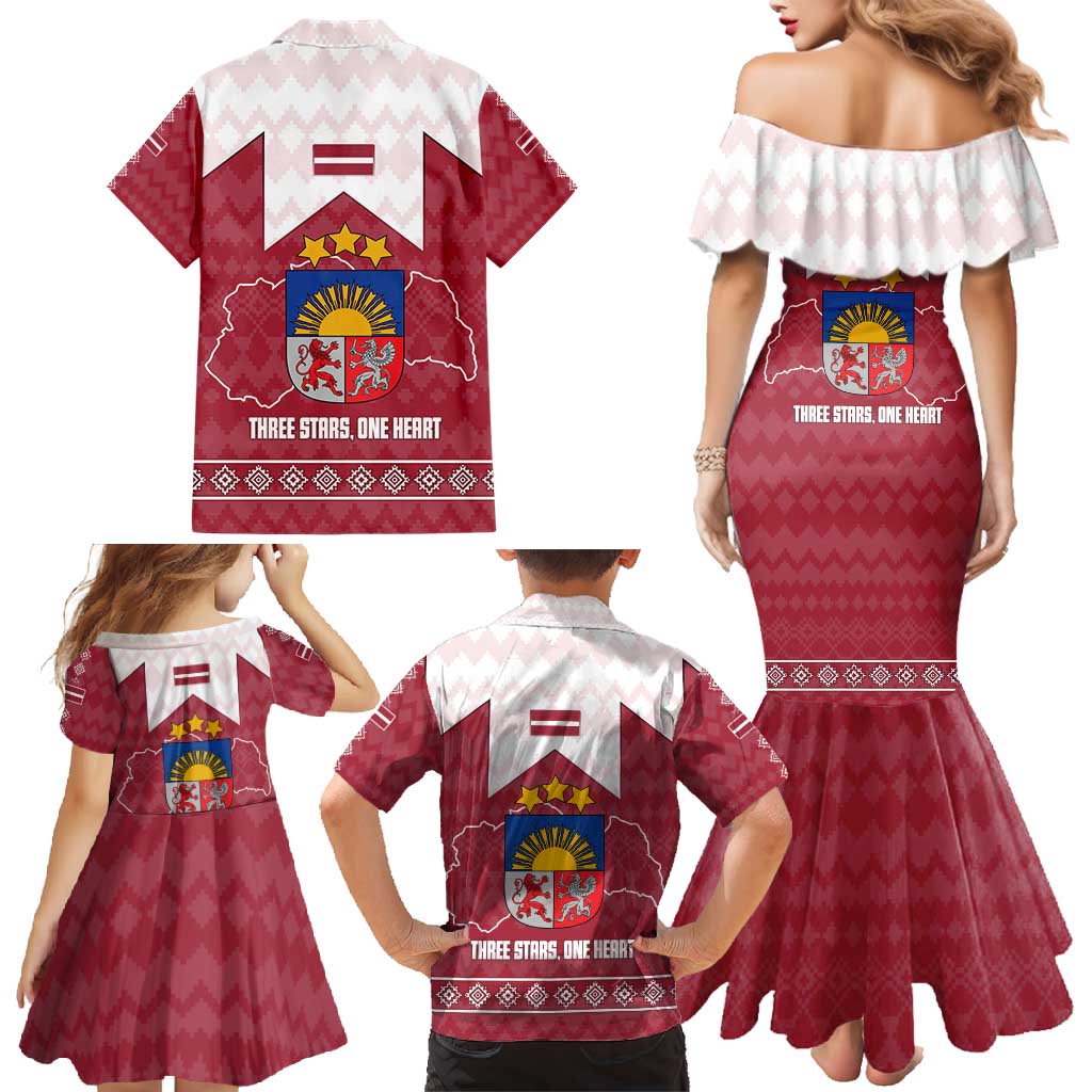 Latvia Family Matching Mermaid Dress and Hawaiian Shirt with National Coat of Arms and Knit Pattern – Three Stars One Heart Design
