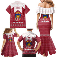 Latvia Family Matching Mermaid Dress and Hawaiian Shirt with National Coat of Arms and Knit Pattern – Three Stars One Heart Design