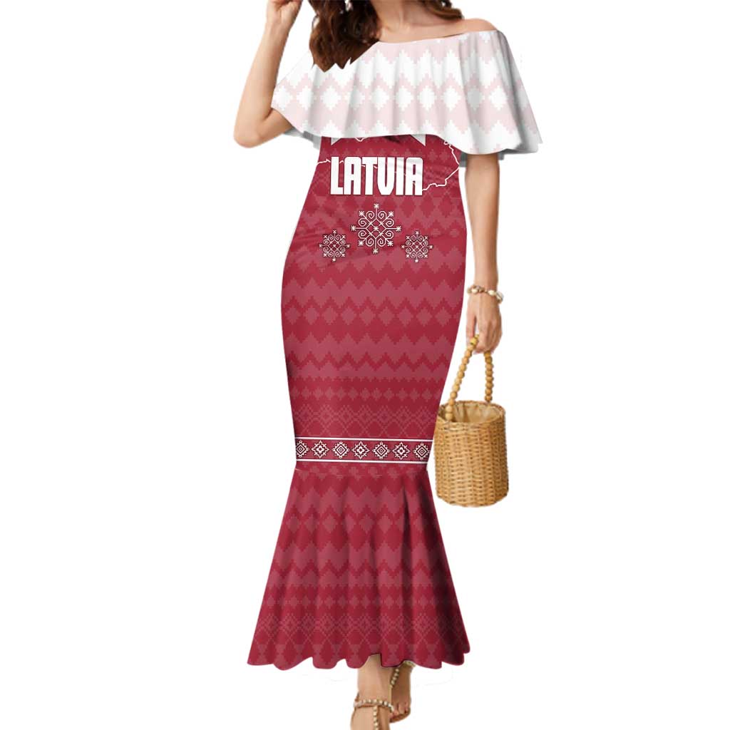 Latvia Family Matching Mermaid Dress and Hawaiian Shirt with National Coat of Arms and Knit Pattern – Three Stars One Heart Design