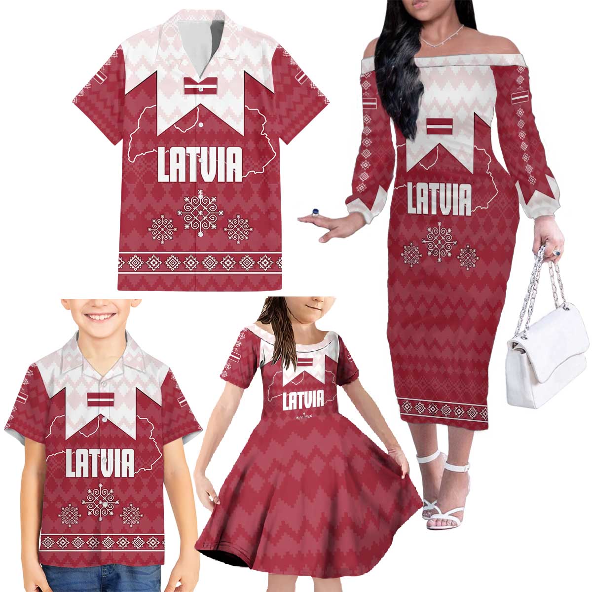 Latvia Family Matching Off The Shoulder Long Sleeve Dress and Hawaiian Shirt with National Coat of Arms and Knit Pattern – Three Stars One Heart Design