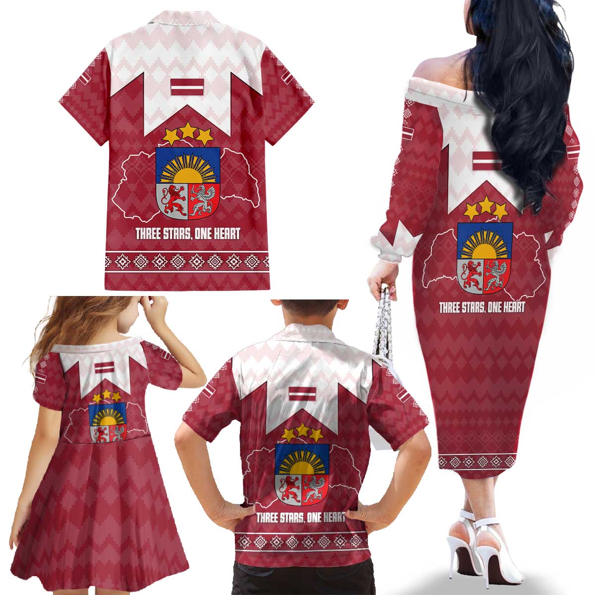 Latvia Family Matching Off The Shoulder Long Sleeve Dress and Hawaiian Shirt with National Coat of Arms and Knit Pattern – Three Stars One Heart Design