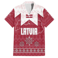 Latvia Family Matching Off The Shoulder Long Sleeve Dress and Hawaiian Shirt with National Coat of Arms and Knit Pattern – Three Stars One Heart Design
