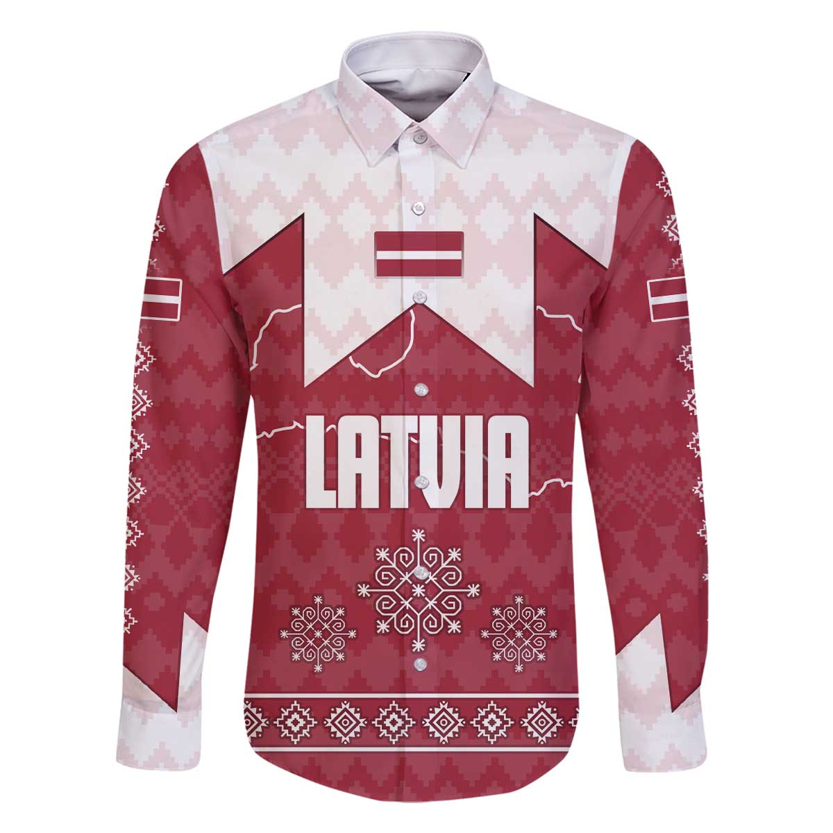 Latvia Family Matching Off The Shoulder Long Sleeve Dress and Hawaiian Shirt with National Coat of Arms and Knit Pattern – Three Stars One Heart Design
