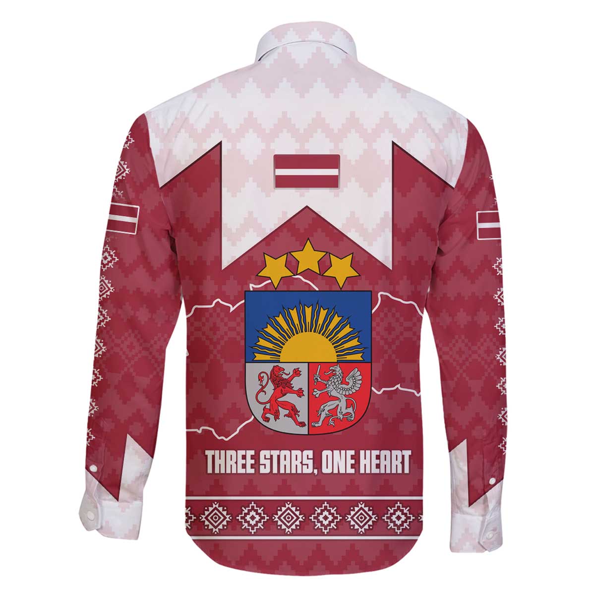 Latvia Family Matching Off The Shoulder Long Sleeve Dress and Hawaiian Shirt with National Coat of Arms and Knit Pattern – Three Stars One Heart Design
