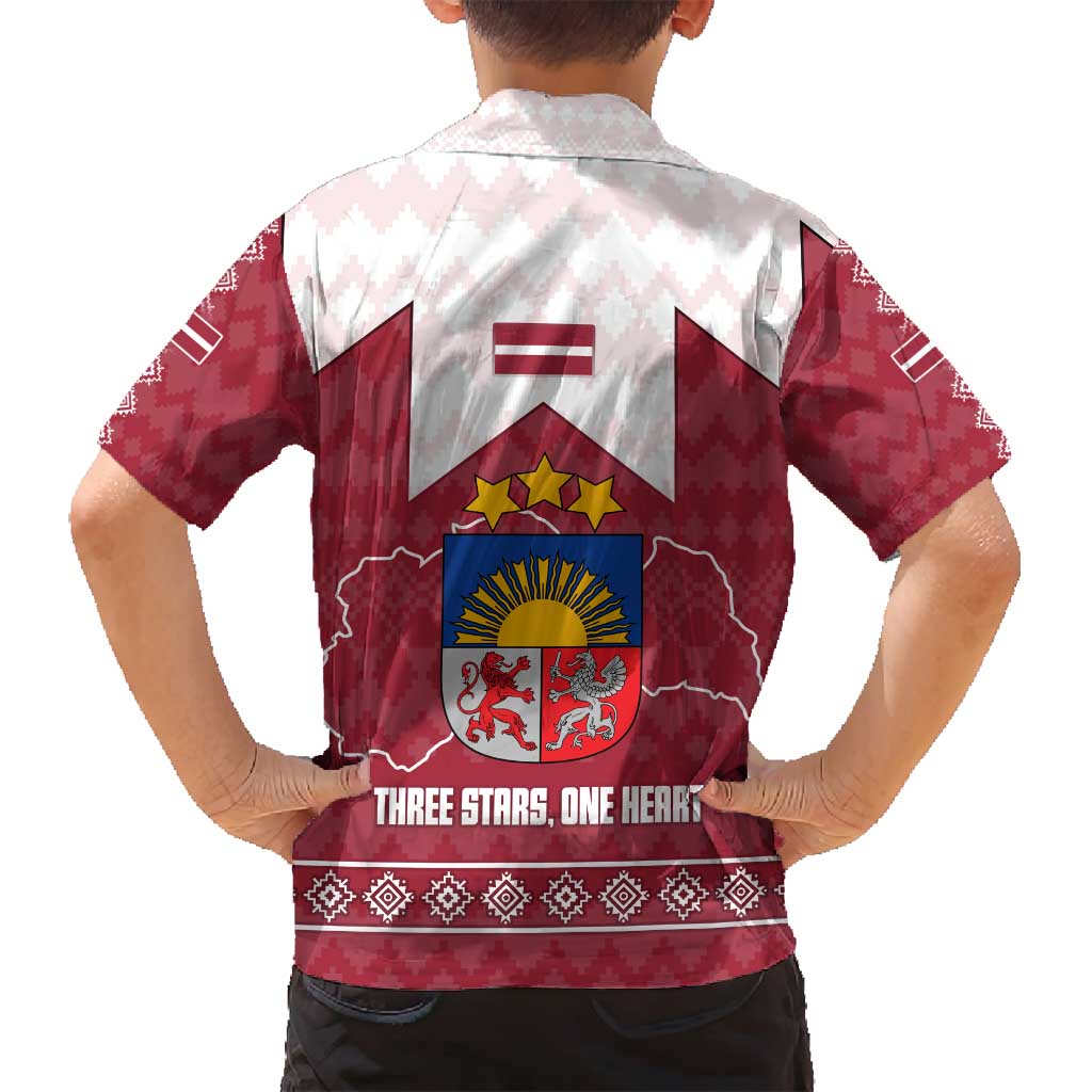 Latvia Family Matching Off Shoulder Maxi Dress and Hawaiian Shirt with National Coat of Arms and Knit Pattern – Three Stars One Heart Design