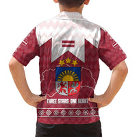 Latvia Family Matching Off Shoulder Maxi Dress and Hawaiian Shirt with National Coat of Arms and Knit Pattern – Three Stars One Heart Design
