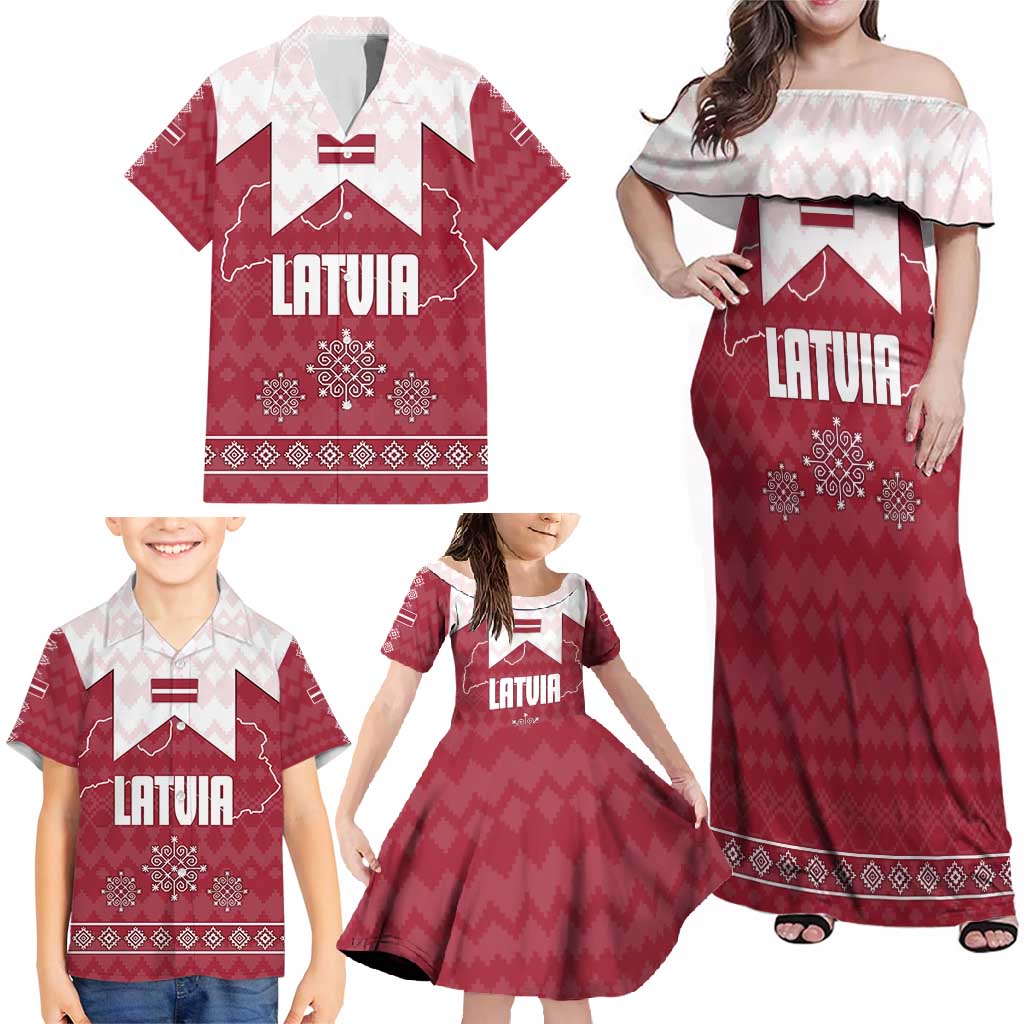 Latvia Family Matching Off Shoulder Maxi Dress and Hawaiian Shirt with National Coat of Arms and Knit Pattern – Three Stars One Heart Design