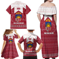 Latvia Family Matching Off Shoulder Maxi Dress and Hawaiian Shirt with National Coat of Arms and Knit Pattern – Three Stars One Heart Design