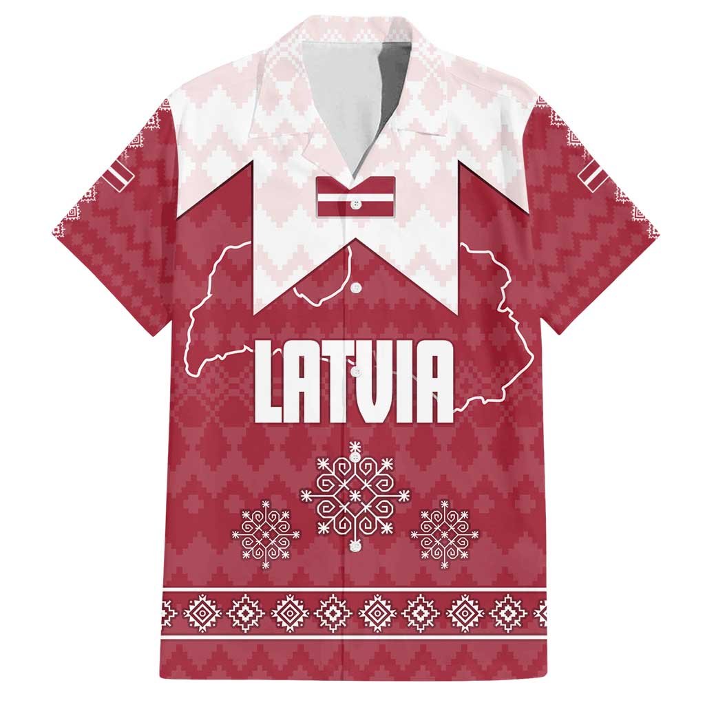 Latvia Family Matching Off Shoulder Maxi Dress and Hawaiian Shirt with National Coat of Arms and Knit Pattern – Three Stars One Heart Design