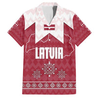 Latvia Family Matching Off Shoulder Maxi Dress and Hawaiian Shirt with National Coat of Arms and Knit Pattern – Three Stars One Heart Design