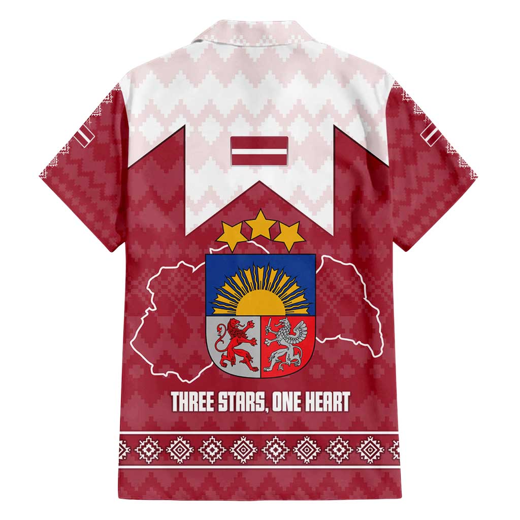 Latvia Family Matching Off Shoulder Maxi Dress and Hawaiian Shirt with National Coat of Arms and Knit Pattern – Three Stars One Heart Design