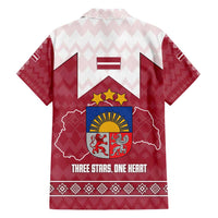 Latvia Family Matching Off Shoulder Maxi Dress and Hawaiian Shirt with National Coat of Arms and Knit Pattern – Three Stars One Heart Design