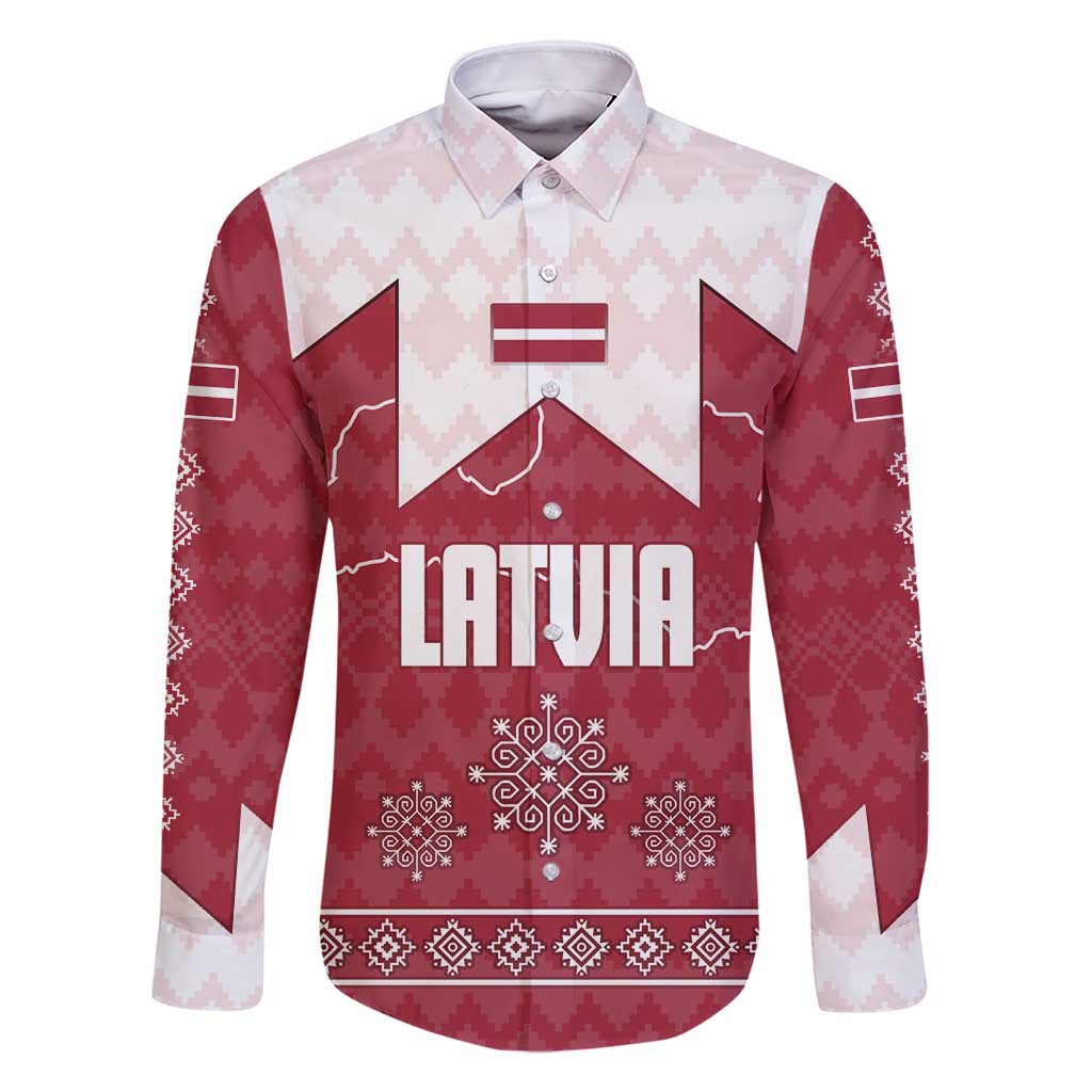Latvia Family Matching Off Shoulder Maxi Dress and Hawaiian Shirt with National Coat of Arms and Knit Pattern – Three Stars One Heart Design