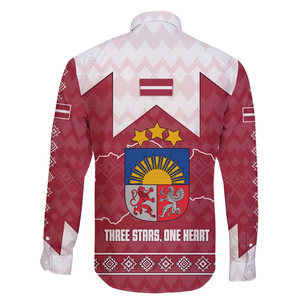 Latvia Family Matching Off Shoulder Maxi Dress and Hawaiian Shirt with National Coat of Arms and Knit Pattern – Three Stars One Heart Design