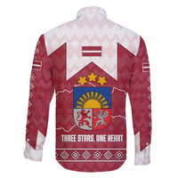 Latvia Family Matching Off Shoulder Maxi Dress and Hawaiian Shirt with National Coat of Arms and Knit Pattern – Three Stars One Heart Design
