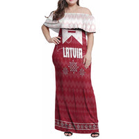 Latvia Family Matching Off Shoulder Maxi Dress and Hawaiian Shirt with National Coat of Arms and Knit Pattern – Three Stars One Heart Design